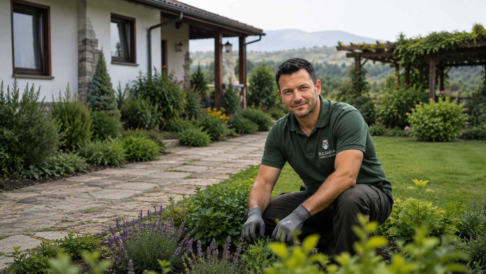 Landscaping worker maintaining a residential garden in Sofia, Bulgaria