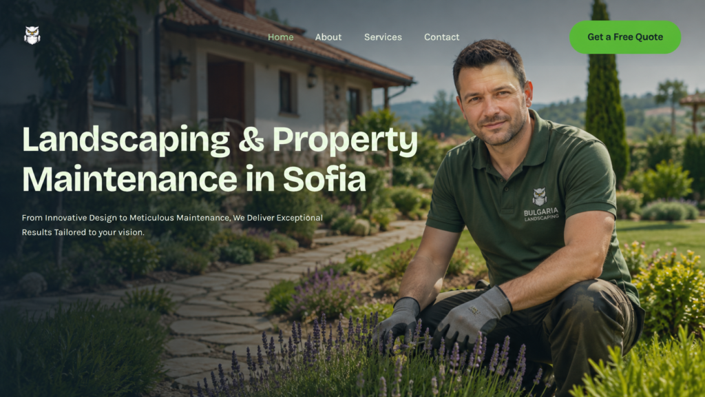 Landscaping worker maintaining a residential garden in Bulgaria