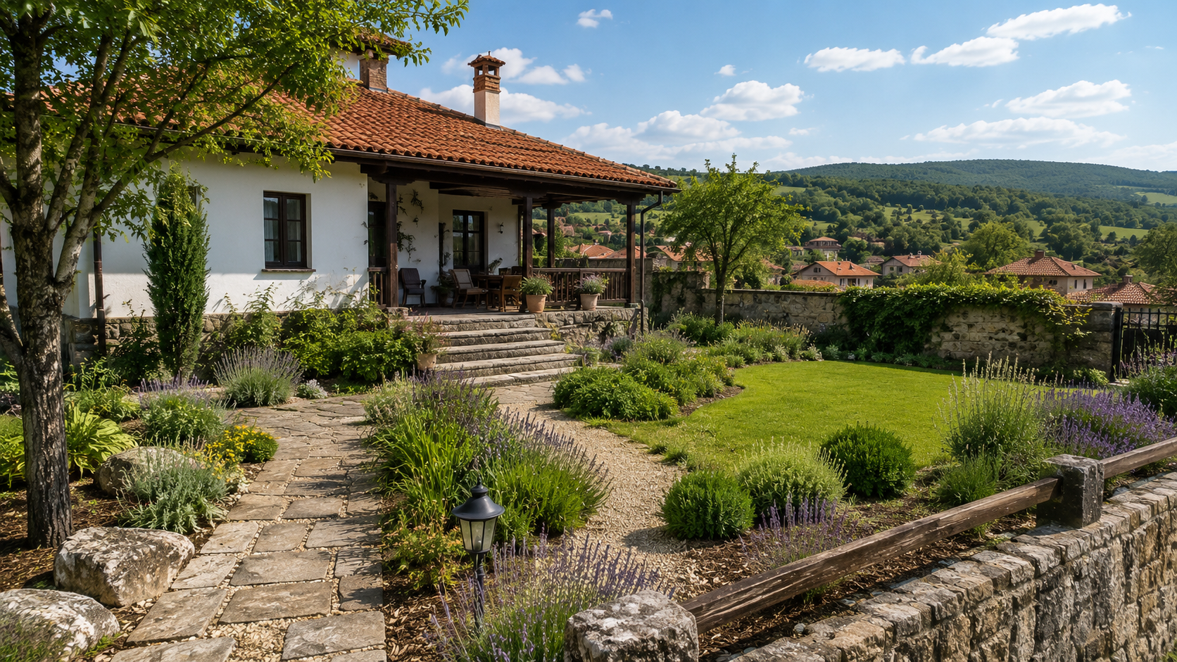 Traditional Bulgarian village house with low-maintenance garden, groundcover planting and mature trees
