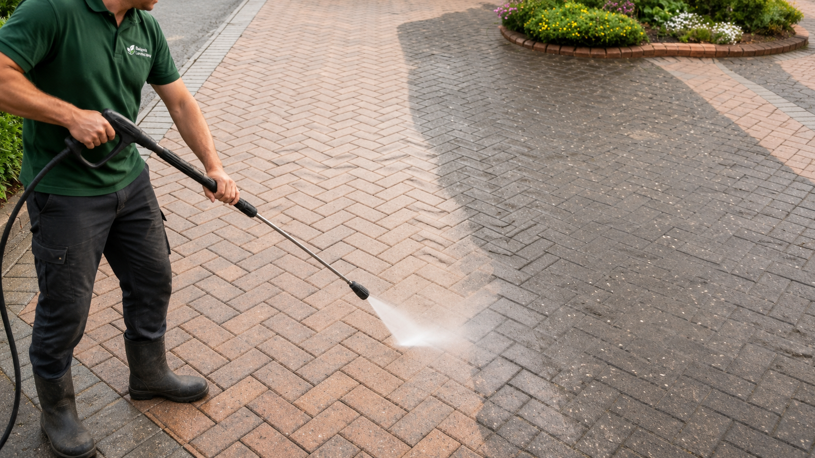 Pressure washing a block-paved driveway in Bulgaria